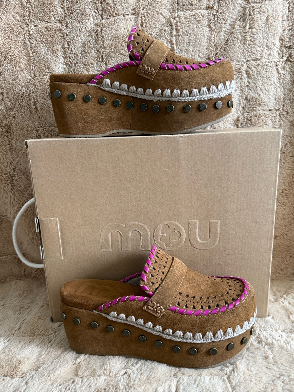 Mou Overstitched Suede Platform Rivets Clog - 8/38 Worn Once!